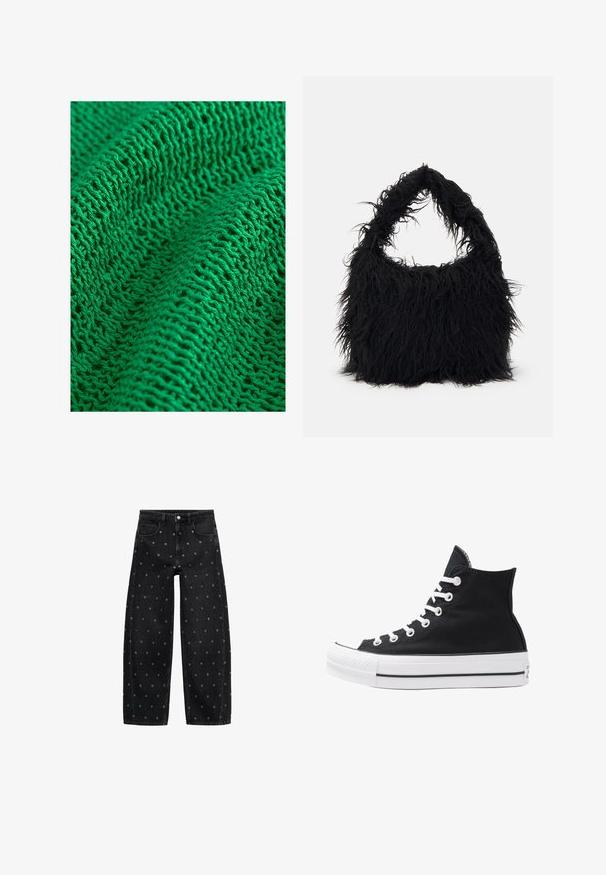 Grøn strikket tekstil med et tekstureret mønster og en løs og åben vævning, der fremviser fine garn og flere synlige sting.; Sorte denim bredbuks med et mønster af små sølvøjer, med et klassisk fem-lomme design og knaplukning foran.; Højtop sort lærredssko med hvide øjetter, snørebånd og gummisål. Har en tekstureret tåhætte og sorte og hvide stribe-accenter.; Even&Odd Shopping bags - black