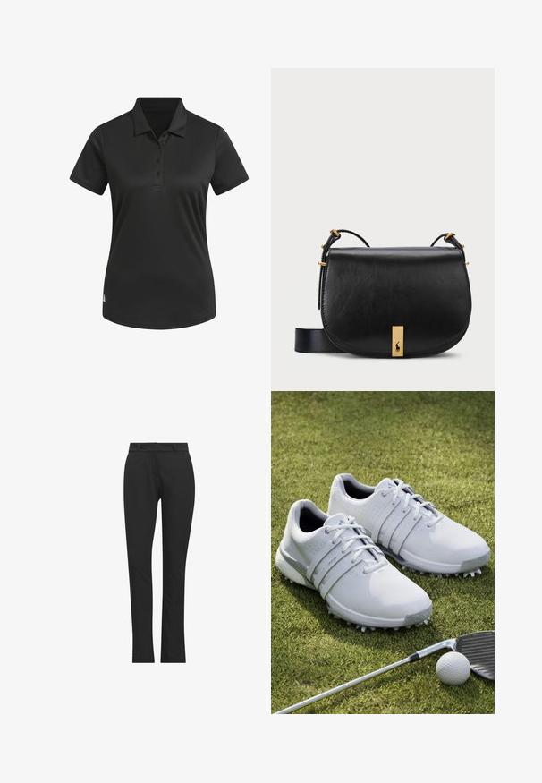 Svart pikétröja i en mjuk tygkvalitet, med klassisk krage, korta ärmar och en treknappshalsringning. Inkluderar en liten logodetalj.; Svarta skräddarsydda byxor i ett stretchigt tyg, med en slät yta, slim fit och platt front med bälteshållare.; Vita golfskor med syntetiskt ovandel, texturerade paneler och snörningsdesign. Har framträdande utstickande dobbar på yttersulan och vadderade innersulor.; Svart läder crossbody-väska med en guldfärgad metalldetalj och justerbar rem, med en slät yta och rundad form.
