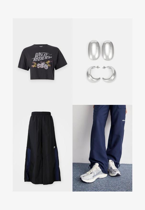 Zkrácené černé tričko s nápisem "WILD RIDERS" ve stříbrné barvě a grafikou motocyklu se zvýrazněním plamenů v oranžové a žluté barvě.; Černé kalhoty širokého střihu vyrobené z lehkého materiálu, s námořnickou modrou bočním panelem a elastickým pasem. Malé bílé logo na spodní části.; Tenisky Nike s vrchní částí ze stříbrné síťoviny, bílými akcenty a texturovanou podrážkou, doplněné o volné námořnické kalhoty.; Stříbrné náušnice set: dva oválné pecky a dva kroužky ve tvaru půlměsíce, s lesklým, hladkým povrchem a zaobleným designem.