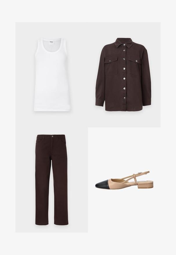White cotton tank top featuring a classic crew neckline, ribbed texture, and reinforced armholes. Label displays "DAY."; Dark brown shirt jacket made of cotton, featuring a collar, front button closure, two chest pockets, and silver buttons. Long sleeves.; Brown cotton pants with a straight-leg design, two front pockets, and a button closure at the waistband. Smooth texture with no visible patterns.; Beige and black two-tone slingback shoe with a pointed toe, flat heel, and crisscross strap detail. Smooth leather texture.