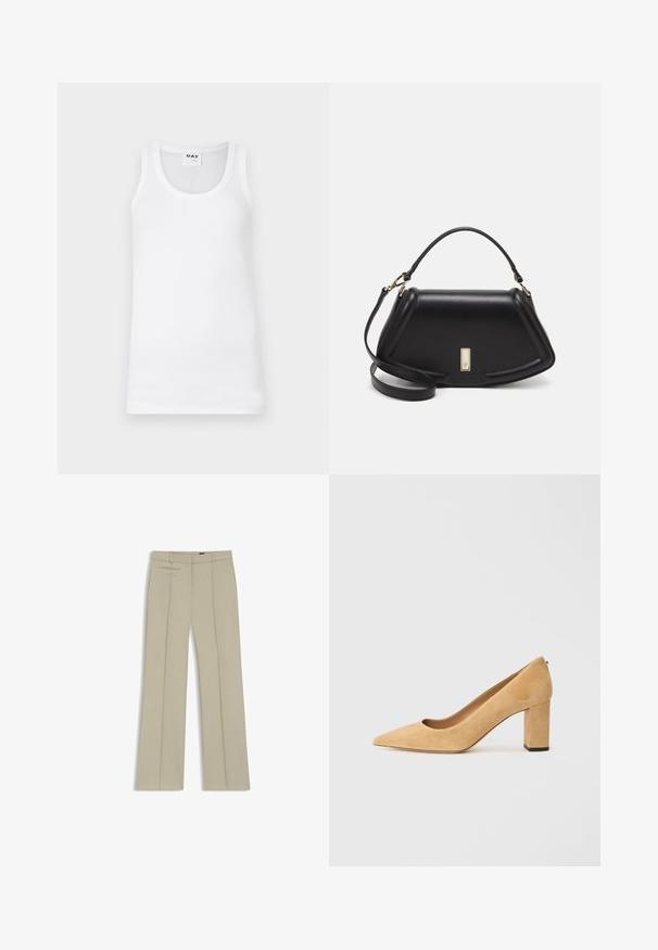 Witte katoenen tanktop met een klassieke ronde halslijn, geribbelde textuur en versterkte armsgaten. Etiket toont "DAY."; Beige op maat gemaakte broeken met wijde benen, voorplooien, twee horizontale zijzakken en een gladde, licht gestructureerde stof.; Beige suède hoge hakken met een spitse neus en een stevige blokhak. Het materiaal heeft een zachte textuur met een gladde afwerking.; Zwarte leren handtas met een gestructureerd ontwerp, featuring een verkorte vorm, bovenhandvat en gouden hardwareaccent. Inclusief verstelbare schouderband.