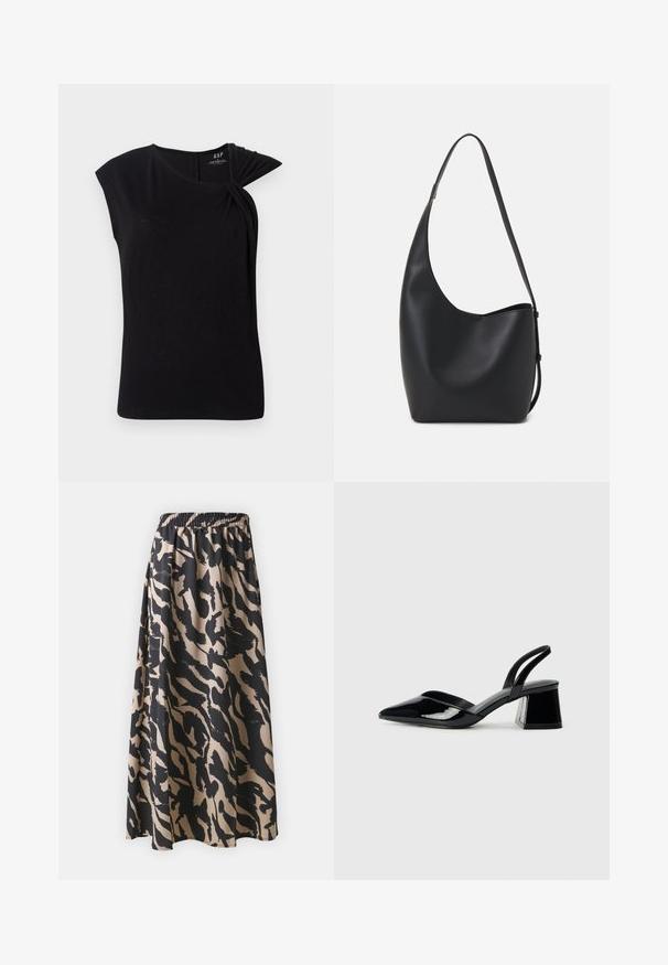Svart kortermet topp med en vridd detalj på venstre skulder, laget av mykt, lett materiale, med rund halslinning.; Svart og beige lang skjørt med elastisk midjebånd, med et abstrakt dyremønster og en flytende silhuett.; Svarte patentlær slingback hæler med spiss tå og geometrisk blokk hæl. Har et stilrent, minimalistisk design og jevn tekstur.; Svart lær hobo-veske med glatt tekstur, buet form og enkelt justerbart stropp; har en bred åpning på toppen.