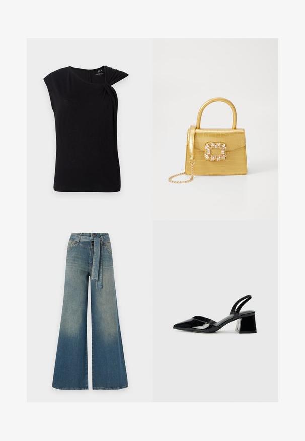Top corto nero a maniche corte con dettaglio torcido sulla spalla sinistra, realizzato in un materiale morbido e leggero, con scollatura rotonda.; Pantaloni in denim a gamba larga con una sfumatura che va dal blu chiaro al blu scuro, vita alta, passanti per cintura e una cintura in tessuto coordinato. Finitura in denim strutturato.; Décolleté in vernice nera con punta affusolata e tacco in geometria cubica. Presentano un design elegante e minimalista, con una texture liscia.; Borsa finta coccodrillo gialla con design strutturato, manico superiore, tracolla a catena removibile e abbellimenti in cristallo decorativi sulla chiusura.