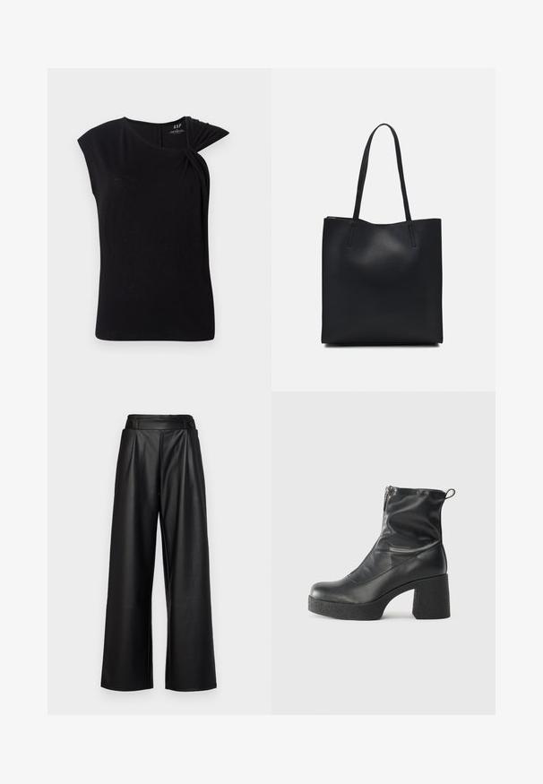 Top negro de manga corta con detalle torcido en el hombro izquierdo, hecho de un material suave y ligero, con cuello redondo.; Pantalones anchos de cuero negros, con cintura alta, pliegues y dos botones circulares en la parte delantera para el cierre.; Botines negros de tobillo, hechos de cuero suave, con cierre lateral, tacón grueso texturizado y diseño de punta redondeada.; Bolso tote de cuero negro con textura lisa, forma rectangular y dos asas largas. Sin herrajes ni adornos visibles.