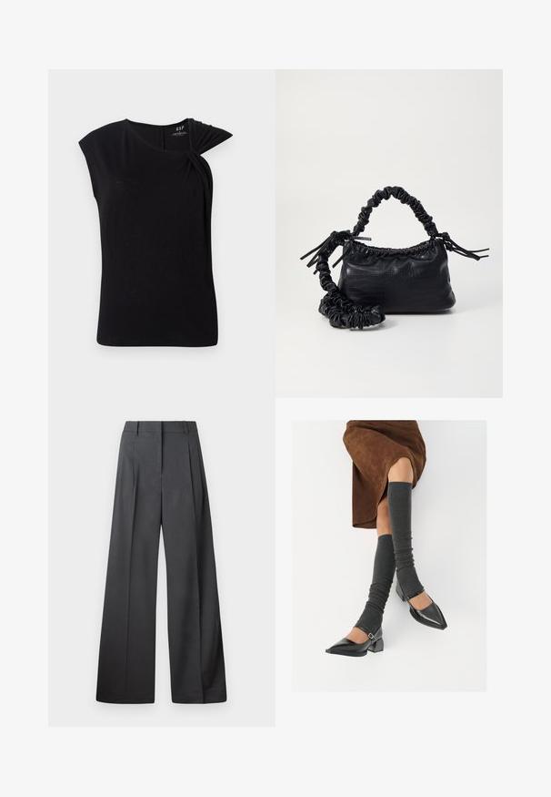 Černý top s krátkým rukávem a zkrouceným detailem na levém rameni, vyrobený z měkkého, lehkého materiálu, s kulatým výstřihem.; Široké kalhoty z tmavě šedé látky, s vysokým pasem, jedním skladem a hladkou texturou s čistým zakončením na lemech.; Černé lakované boty s špičatou špičkou, blokovým podpatkem a kotníkovým páskem, spárované s šedými žebrovanými návleky na nohy a hnědskou sukní z semiše.; Černá kabelka z umělé kůže s krokodýlím vzorem, staženým vrškem a zmačkaným popruhem. Zdá se, že má měkký a kompaktní design.