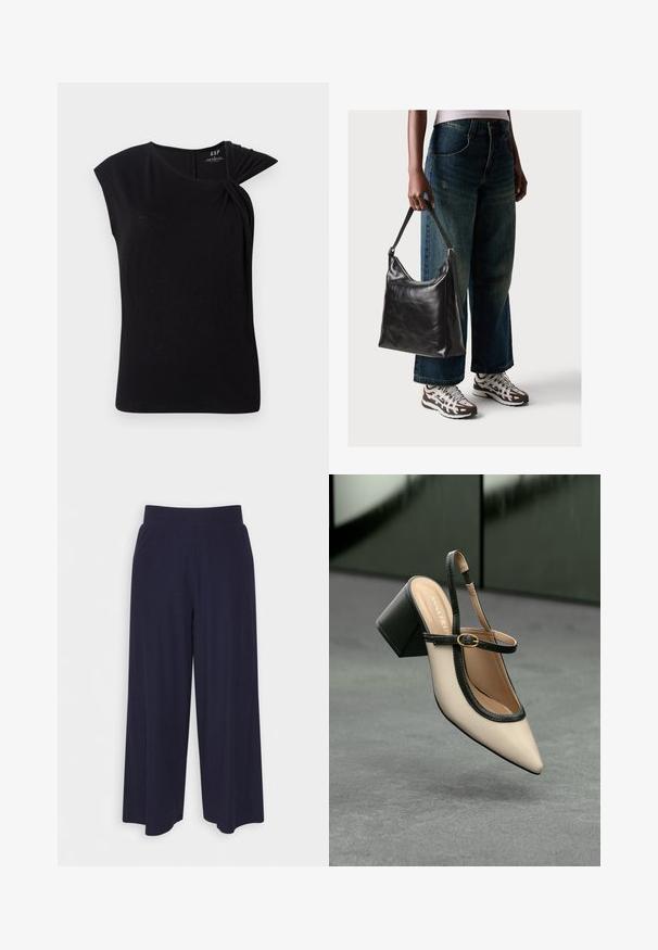 Black short-sleeve top with a twisted detail at the left shoulder, made of soft, lightweight material, featuring a round neckline.; Wide-leg trousers in dark navy fabric with a ribbed texture. Features a smooth waistband and a flowy silhouette, reaching mid-calf length.; Beige pointed-toe slingback shoe with black trim, gold buckle, and a chunky block heel on gray floor with dark green background.; Black leather shoulder bag with a smooth texture and adjustable strap, paired with faded wide-leg jeans and athletic sneakers.