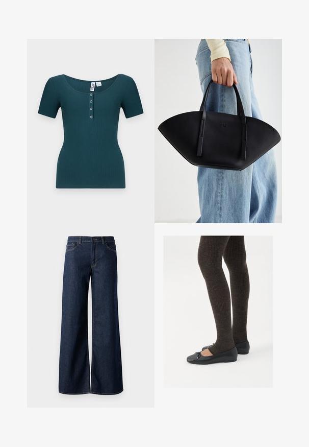 Teal ribbed short-sleeve top with a scoop neckline and six-button placket. Features a fitted silhouette and textured fabric.; Wide-leg jeans in dark blue denim. Features contrast stitching, five pockets, and a button closure at the waist. Smooth texture.; Black flat shoes with a small bow detail at the toe, paired with dark brown ribbed tights. Shoes have a smooth texture and low profile.; Black leather handbag with a unique fan shape, featuring flat handles. The surface has a pebbled texture and a minimalistic design.