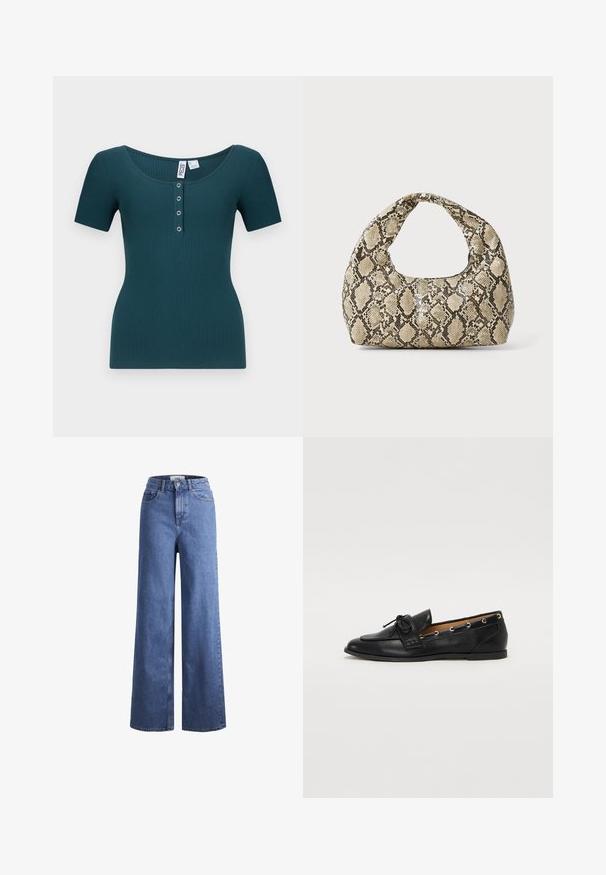 Turkioji juostuota trumpomis rankovėmis palaidinė su apvaliomis iškirptėmis ir šešiais mygtukais. Yra aptemptas siluetas ir tekstūruota medžiaga.; Šviesiai mėlynos džinsinės kelnės plačiu sijonu ir aukštu liemeniu, su dviem priekinių kišenių ir matomu siuvimu. Su mygtuko ir užtrauktuko uždarymu.; Juodi odiniai loafai su surišta mazgeliu, su auksinėmis akytėmis šoninėse dalyse ir plokščiu guminiu padu. Lygus paviršius, klasikinis dizainas.; Gyvatės rašto rankinė su kreiviu rankenėle. Pagaminta iš tekstūruotų smėlio ir rudos spalvos medžiagų, su išskirtiniu rombo raštu.