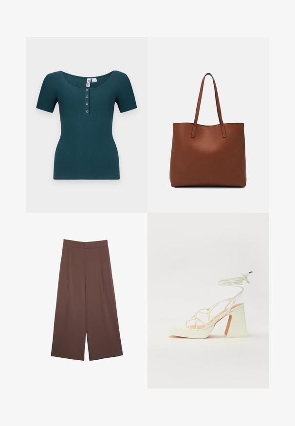 Turkizna žametna majica s kratkimi rokavi in krožnim izrezom ter šestimi gumbi. Ima oprijet kroj in teksturirano tkanino.; Rjave široke hlače z gladko teksturo, ki imajo visok pas in sprednje naborke. Tkanina je lahka in prosto pada.; Bela sandala na visokih petah s debelim petam, ki ima obliko trakcev in vezanje okoli gležnja. Gladka tekstura z platformo spredaj za dodatno višino.; Rjava usnjena torba z gladko teksturo, odprto zasnovo zgoraj in dvema naramnima trakovoma. Opremljena je z minimalnim šivanjem in brez vidnih kovinskih delov.