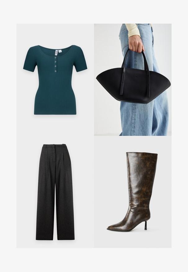 Top curto de manga curta em tom azul petróleo, com decote arredondado e faixa de seis botões. Apresenta uma silhueta ajustada e um tecido texturizado.; Calças largas de padrão xadrez cinza escuro, com cintura alta, pregas e um corte estruturado. Feitas de um tecido texturizado.; Bota alta de couro marrom desgastado com bico fino e salto agulha em fundo branco.; Bolsa de mão em couro preto com uma forma única em leque, apresentando alças planas. A superfície tem uma textura pebble e um design minimalista.