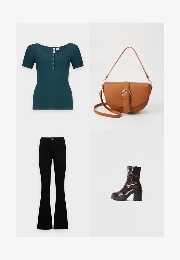 Zilganas ribots īsām piedurknēm tops ar apaļu kakla izgriezumu un sešu pogu aizdari. Iespējas ietver pieguļošu siluetu un strukturētu audumu.; Melni augsta jostas šorti ar pogu un rāvējslēdzēju, priekšējām kabatām un izplestām kājām, nolikti uz balta fona.; Spīdīgas bordo potīšu botītes ar masīlu melnu papēdi, kurām ir gluda tekstūra un vienkāršs dizains. Nav redzamu aizdari vai rakstu.; Brūns ādas plecu soma ar izliekta formu, zelta piederumiem un sprādzes akcentu. Iesaiņota ar noņemamu plecu siksnu.