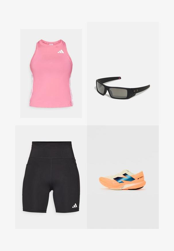 Top sportiv roz cu gât înalt, confecționat dintr-un material fin. Prezintă dungi albe pe laterale și un mic logo alb pe piept.; Pantaloni scurți atletici negri, confecționați dintr-un material elastic. Talie înaltă, lungime până la mijlocul coapselor, cu un logo alb cu trei dungi în colțul din stânga jos.; Adidași de alergare cu un material superior ușor de crem, cu branding albastru și accente portocalii pe talpă. Textură din plasă pentru respirabilitate.; Ochelari de soare negri cu o finisare mată, lentile dreptunghiulare, curbură ușoară pe bănci, detaliu subtil cu logo și lentile cu tentă fumurie.