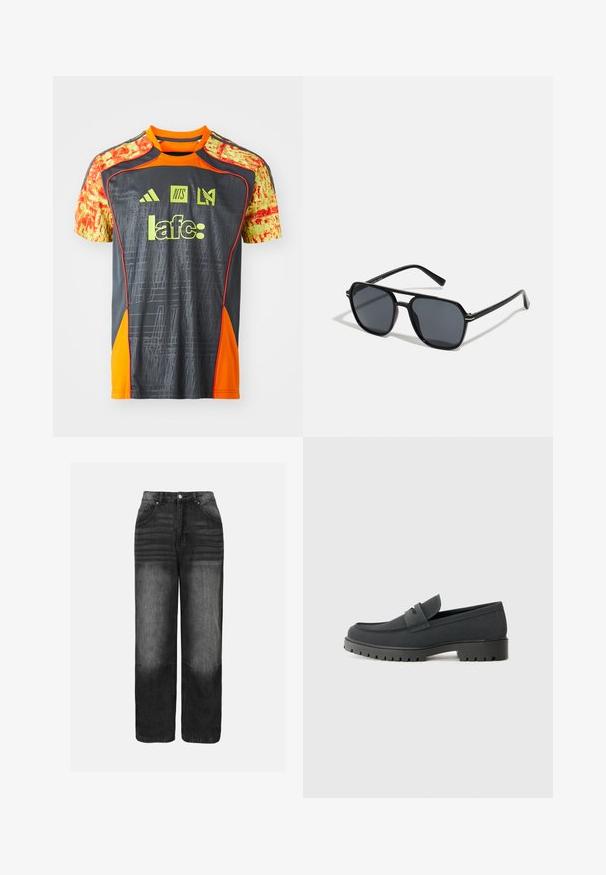 Tricou sport gri cu accente vibrante de portocalie și mâneci galbene cu un model. Decorațiuni cu logo-uri și text în verde strălucitor. Material ușor.; Jeans din denim negru cu un efect de decolorare, având talie înaltă, design cu cinci buzunare și croială dreaptă. Detalii din metal și cusături sunt vizibile.; Pantof cu toc negru, cu o finisare netedă, mată, având un vârf rotund și o talpă groasă, texturată. Este accentuat cu o curea frontală.; Ochelari de soare negri cu ramă octogonală, lentile întunecate, finisaj lucios, temple subțiri și accente aurii în partea din față.