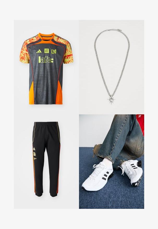 Grå sportskjorte med sterke oransje detaljer og mønstrede gule ermer. Har logoer og tekst i lys grønn. Lett stoff.; Svart treningsbukser med elastisk midje, gull- og røde sidestiper, og gule logoer på venstre lår.; Hvite mesh joggesko med svarte detaljer, med et teksturert design og en distinkt såle, kombinert med blå denim jeans.; FAINZ SPIKE HEART CHAIN UNISEX - Smykke - silver-coloured