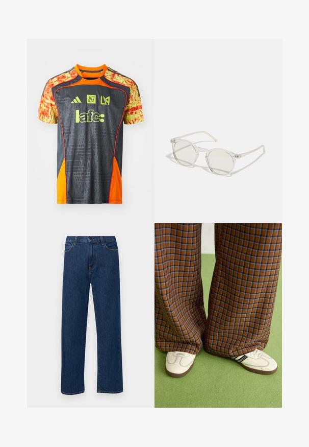 Pelēks sporta krekliņš ar dzīvīgu oranžu akcentu un rakstainām dzeltenām piedurknēm. Ir logotipi un teksts spilgti zaļā krāsā. Viegls audums.; Tumši zilas taisnas kājas denim bikses ar priekšējām kabatām un pogu aizdari, izvietotas uz vienkārša baltā fona.; Brūni un zili rūtaini platās kājas bikses, kas savienotas ar baltām kurpēm ar melniem akcentiem un teksturētām zolēm, uz zaļa fona.; Apaļi saulesbrilles ar caurspīdīgu rāmi, gaiši zaļām lēcām un plānām, caurspīdīgām kājām. Rāmī ir izsmalcināti metāla akcenti.