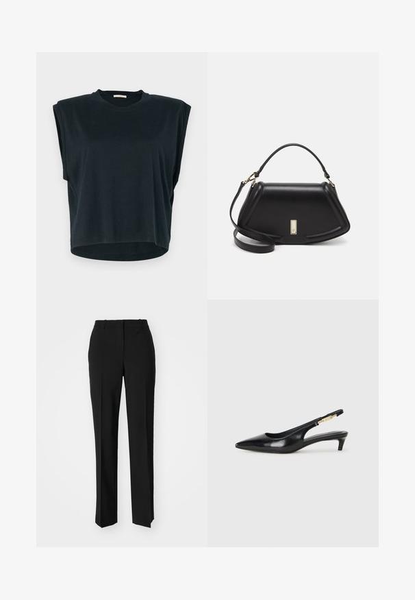 Black short-sleeve top with a relaxed fit, crew neck, slightly dropped shoulder seams, and a rounded hem. Made of soft fabric.; Black tailored trousers with a straight-leg design, featuring a smooth texture and crisp creases along the front. No visible hardware.; Black leather slingback heels with a pointed toe, featuring a slim heel and a gold-tone accent on the adjustable strap. Smooth texture.; Black leather handbag with a structured design, featuring a cropped shape, top handle, and gold hardware accent. Adjustable shoulder strap included.