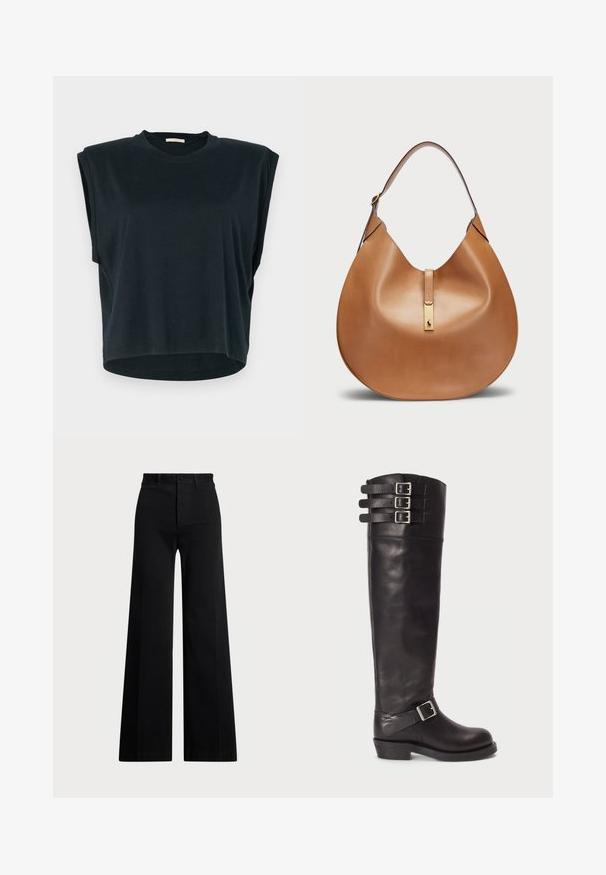 Schwarzes Kurzarmoberteil mit lässiger Passform, rundem Ausschnitt, leicht abgesenkten Schulternähten und abgerundetem Saum. Hergestellt aus weichem Stoff.; Schwarze weite Hosen aus gewebtem Stoff, mit hoher Taille, vorderem Knopfverschluss und Seitentaschen. Glatte Textur mit klaren Linien.; Schwarze knieh hohe Lederstiefel mit runder Zehenform, drei Schnallenriemen am oberen Ende und einer seitlichen Schnallendetails. Flache Sohle und glatte Textur.; Taschenhandtasche aus braunem Leder mit geschwungener Form und breitem Schultergurt. Sie verfügt über einen goldenen Metallakzent in der Mitte und eine glatte Textur.