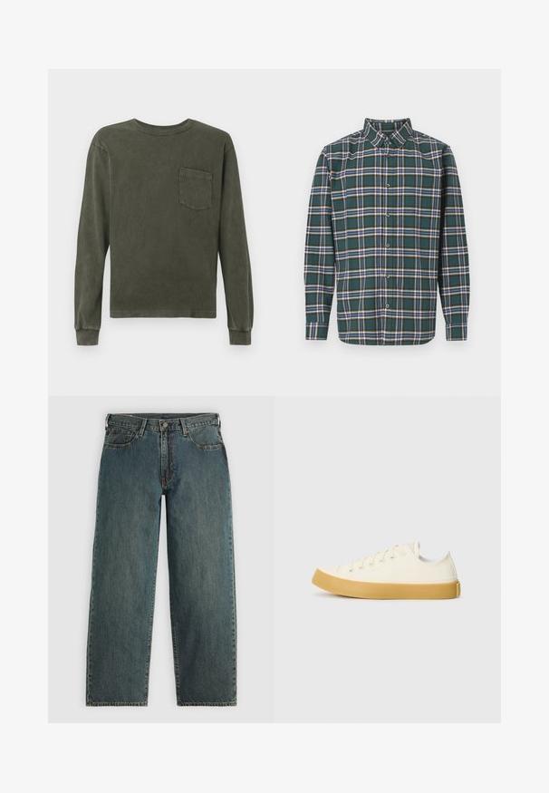 Ilga rankovė marškiniai tamsiai alyvuogių spalvos, pagaminti iš minkštos medžiagos, su apvalia kaklo iškirpte ir krūtinės kišenėle. Lygus paviršius, laisvas kirpimas.; Žalias flanelinis marškinis, puoštas plaidiniu raštu su mėlynomis, baltomis ir garstyčių geltonumo linijomis. Mygtukais užsegama priekinė dalis ir smailas apykaklė. Ilgos rankovės.; Tamsiai mėlynos tiesios kojų džinsai su sagte ir užtrauktuku, priekinėmis kišenėmis ir diržo kilpos ant šviesiai pilko fono.; Oficio drobės sneakeriai baltai kreminės spalvos, su apvaliu galiuku, su smėlio spalvos guminiais padais ir penkiomis skylėmis raištams, turintys tekstūruotą viršutinę dalį.