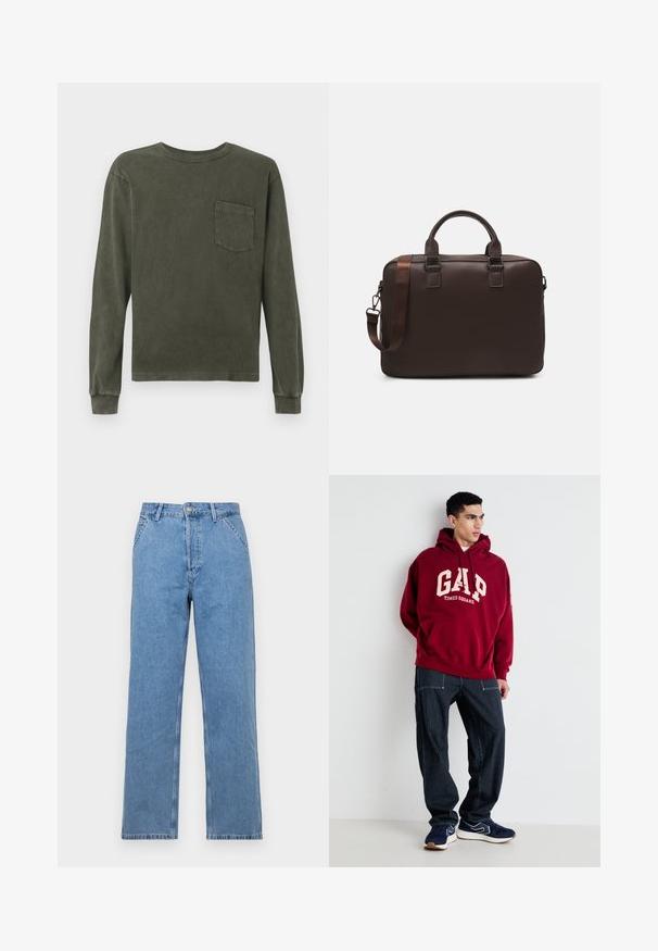 Langärmliges Hemd in dunkelolivgrün, aus weichem Material gefertigt, mit Rundhalsausschnitt und einer Brusttasche. Glatte Textur, lässige Passform.; Helle blaue Denim-Jeans mit geradem Bein und klassischem Fünf-Taschen-Design, ausgestattet mit einem vorderen Knopfverschluss und Gürtelschlaufen. Glatte Textur.; Bordeauxfarbener Kapuzenpullover mit "GAP" und "TIMES SQUARE" in Creme aufgedruckt, kombiniert mit navyblauen gestreiften Hosen und navyblauen Sneakern mit weißen Akzenten.; Braune Leder-Laptoptasche mit strukturierter Oberfläche, doppelten Obergriffen, verstellbarem Gurt und zwei vorderen Schnallen für zusätzlichen Detailreichtum.