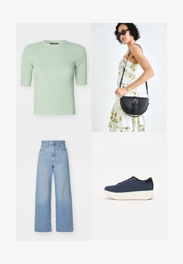 Šviesiai žalia, raukšlėta, trumpomis rankovėmis viršutinė dalis su apvaliu iškirpimu. Minkšta tekstūra ir prigludusi forma, tinkanti kasdieniam dėvėjimui. Matomas prekės ženklas.; Šviesiai mėlynos aukšto liemens plačios kojos džinsai su priekiniais užtrauktukais ir sagom, priekinėmis ir galinėmis kišenėmis, ant baltos fono.; Tamsiai mėlynas sportinis batelis su tekstūruotu audiniu viršuje, baltu platformos padu, apvaliu pirštu ir juodu kulno akcentu.š. Yra šešios skylės raišteliams.; Juodas odinis krepšys su išlenkta forma, nuimamu dirželiu ir auksiniais detalėmis. Krepšys turi kilpą su sagtimi.