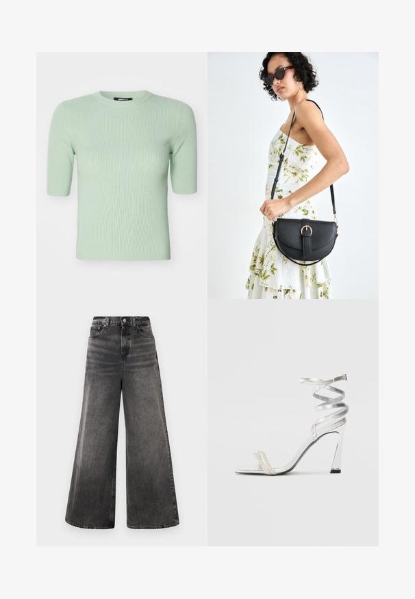 Tricou scurt cu mânecă, de culoare verde deschis, dintr-un tricot cu nervuri, cu guler rotund. Textura moale și formă ajustată, potrivit pentru purtarea casuală. Eticheta de brand vizibilă.; Jeans negre cu croială largă din denim, cu un aspect decolorat, design cu cinci buzunare și închidere cu nasture la talie, având accente cusute.; Sandale argintii cu toc înalt, cu un design strălucitor al baretei, având un accent asemănător unei perle și o curea spiralată pentru prindere sigură.; Geantă din piele neagră, cu o formă curbată, curea detașabilă și accesorii aurii. Geanta are un capac cu un detaliu tip cataramă.