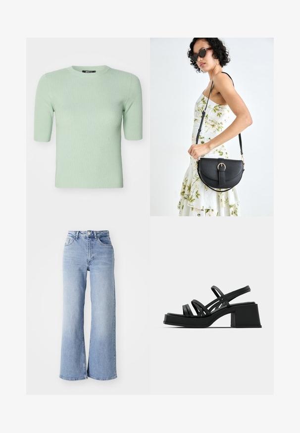 Heled roheline ribakudumistega lühikese varrukaga topp ümmarguse kaeluse lõikega. Pehme tekstuur ja korralik vorm, sobib igapäevaseks kandmiseks. Brändi silt on nähtav.; Heledsinine kõrge vöökoht ja laiad sääred teksad, millel on ees- ja taga-taskud, nööbiga kinnitamine ning kerge kulumine reitel ja ääres.; Mustad kontsad mustade peenikeste rihmadega ja laia blokknõelaga. Kiire disain matist tekstuurist. Jalapadi on kergelt kumer.; Mustmust mustraha kõverate joontega, eemaldatava rihmaga ja kuldsete detailidega. Kotil on klapp, millel on pandladetail.