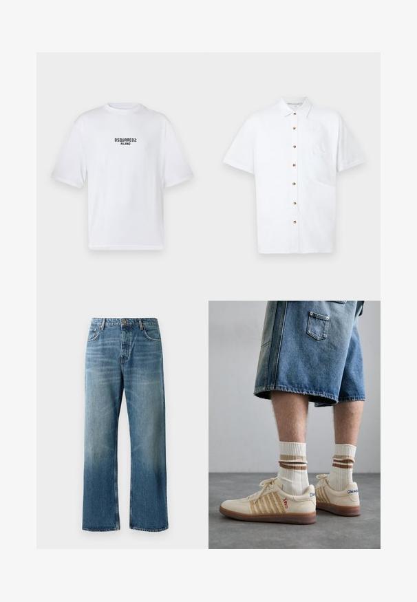 Camiseta blanca de algodón con cuello redondo y mangas cortas. Presenta un logo negro impreso que dice "DSQUARED2 MILANO" en el pecho.; Camisa blanca de manga corta hecha de lino, con cierre de botones en el frente, un bolsillo en el pecho y botones de madera como acentos.; Jeans de pierna ancha en azul claro con un acabado desgastado, que cuentan con cierre de un solo botón, cinco bolsillos y costuras contrastantes.; Zapatillas retro beige con suela de goma marrón, que presentan acentos a rayas y logotipos bordados. Llevadas con calcetines blancos, con detalle a rayas marrones.