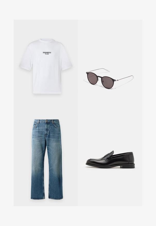 White cotton t-shirt with a crew neckline and short sleeves. Features a black printed logo reading "DSQUARED2 MILANO" on the chest.; Light blue wide-leg jeans with a faded wash, featuring single-button closure, five pockets, and contrasting stitching.; Black leather loafers with a smooth texture, rounded toe, and a decorative strap across the vamp. Low stacked heel, minimalist design.; Black round sunglasses with dark lenses and slim metal arms. Includes clear temple tips and silver accents at the hinge. Minimalist design.