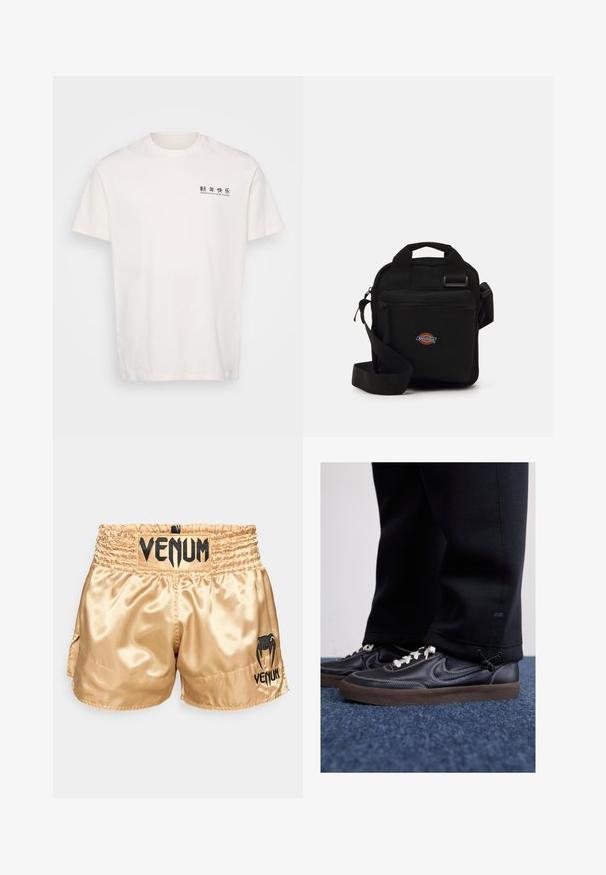 Balta kokvilnas T-krekls ar apaļu kakla izgriezumu, īsām piedurknēm un melnu drukātu tekstu priekšā. Vienkāršs dizains, standarta piegriezums.; Zelta satīna boksa šorti ar melnu "VENUM" logo uz jostas un sāniem, ar gludu tekstūru un elastīgu jostu komfortam.; Nike Sportswear KILLSHOT 2 LTR PRM OPP2 - Treniņu apavi - black sail baroque brown mtlc dk grey; Melna pleca soma ar rāvējslēdzēja kabatu, taisnstūra forma, izgatavota no auduma, ar logotipa uzšuvi priekšpusē, regulējams plecu siksna.