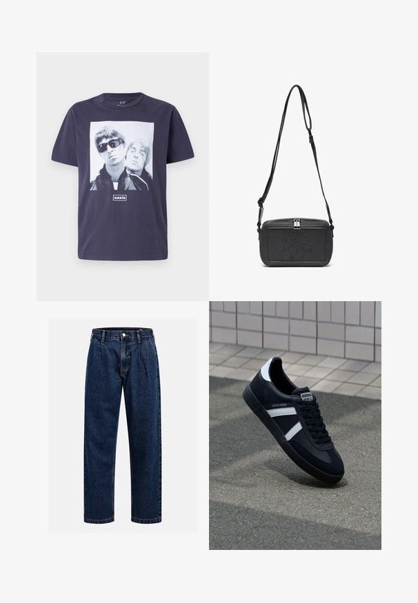 Mørkeblå bomull T-skjorte med et stort grafisk trykk av to mannlige figurer. Teksten "oasis" er sentrert under bildet. Korte ermer, rund hals.; Mørkeblå denimjeans med rett ben-design. Har synlige sømmer, knappestengning og frontfolder for ekstra detaljer.; Sorte lærersneaker med hvite striper, teksturert gummihæl og snøring foran. Har et merketikett på tungen.; Svart skinn crossover-veske med glidelås, preget logo på fronten og justerbar stropp. Glatt tekstur med rektangulær form.