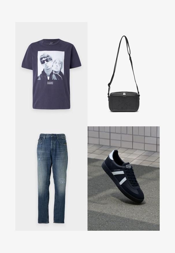Dunkelblaues Baumwoll-T-Shirt mit einem großen Grafikdruck von zwei männlichen Figuren. Der Text "oasis" befindet sich zentriert unter dem Bild. Kurze Ärmel, Rundhalsausschnitt.; Denimjeans in einem verblassten Blau, mit geradem Beinschnitt, moderaten Abnutzungen an der Vorderseite und klassischem Fünf-Taschen-Design.; Schwarze Leder-Sneaker mit weißen Streifen, strukturiertem Gummisohle und Schnürung. Verfügt über ein Markenetikett auf der Zunge.; Schwarze Leder-Crossbody-Tasche mit einem Reißverschluss, geprägtem Logo auf der Vorderseite und verstellbarem Riemen. Glatte Textur mit rechteckiger Form.