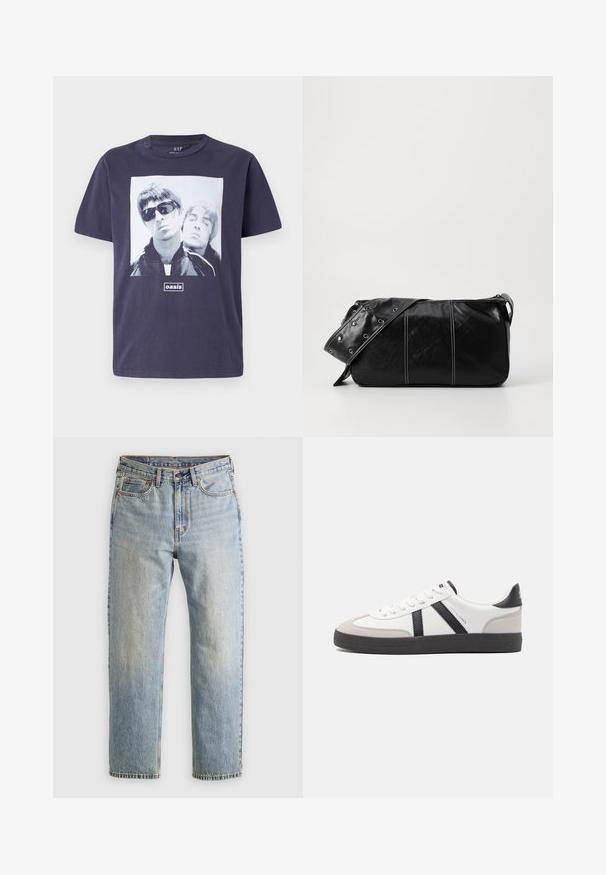 Tamnomo modra bombažna majica z velikim grafičnim tiskom dveh moških figur. Besedilo "oaza" je centrirano pod sliko. Kratki rokavi, okrogla ovratnika.; Svetlo modri džins hlače z visokim pasom, sprednjim gumbom, zadrgo in petimi žepi, laid flat na nevtralni podlagi.; Bela športna obutev z črnimi in sivo akcenti, z teksturirano sivo kapico za prste, črnim gumijastim podplatom in ravnimi belimi vezalkami. Čista zasnova, minimalistični slog.; Črna usnjena torba za ramo z zadrgo, ki ima teksturirano telo, belo šivanje in trak s srebrnimi luknjami.