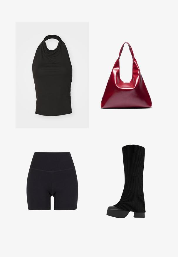 Czarny top na halterze wykonany z miękkiej tkaniny, z drapowanym dekoltem i dopasowanym krojem. Brak widocznych wzorów lub akcentów.; Czarne szorty o wysokim stanie wykonane z elastycznego materiału. Posiadają elastyczny pas, gładką teksturę i długość do połowy uda, z bezszwowym wykończeniem.; Czarne wysokie kozaki z ribbowym materiałem, chunky platformą i blokowym obcasem, o gładkiej fakturze i nowoczesnym, eleganckim designie.; Czerwona, błyszcząca skórzana torebka o trójkątnym kształcie, z szerokim otwarciem na górze i pojedynczym, zaokrąglonym uchwytem. Gładka tekstura z minimalnymi detalami przeszyć.