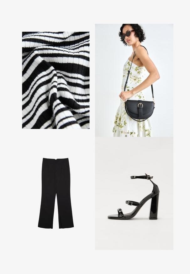 Black and white striped fabric with a ribbed texture; alternating wide and narrow stripes create a bold pattern.; Black trousers with a straight fit, featuring front pockets and side slits at the hem. Made of soft, smooth fabric. Suitable for various occasions.; Black patent heeled sandals with a square toe, ankle straps, and silver buckles. Features a chunky block heel for stability.; Black leather handbag with a curved shape, detachable strap, and gold hardware. The bag features a flap with a buckle detail.