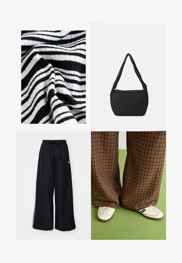 Tessuto a righe bianche e nere con una texture a coste; strisce larghe e strette alternate creano un motivo audace.; Pantaloni neri a gamba larga realizzati in tessuto leggero. Presentano una vita elastica con cordoncino e strisce bianche sui lati. Logo del marchio sull'anca.; Pantaloni a pieghe larghi a quadri marroni e blu abbinati a scarpe bianche con dettagli neri e suole testurizzate, posizionati su uno sfondo verde.; Borsa a spalla nera con texture imbottita, forma arrotondata e spallaccio largo, caratterizzata da un logo impresso sul fronte.