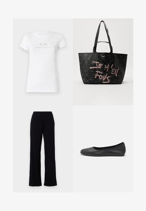 Valkoinen puuvillainen t-paita lyhyillä hihoilla, jossa on keskellä hopeinen logo "A|X ARMANI EXCHANGE". Klassinen pyöreä pääntie.; Mustat, kevyet, joustavat vyötäröhousut suoran lahkeen muotoilulla. Pehmeä rakenne ilman näkyviä kuvioita tai koristeita. Yksinkertainen ja monikäyttöinen tyyli.; Musta nahkainen ballerina, jossa on pyöristetty kärki, sileä pinta, minimaalinen ommelkoristelu ja joustava pohjamuotoilu.; Musta olkalaukku, jossa on teksturoitu materiaali ja timanttikuvio, olkahihnat sekä rohkeaa punaista ja valkoista tekstiä, jossa lukee "JE M'EN FOUS."