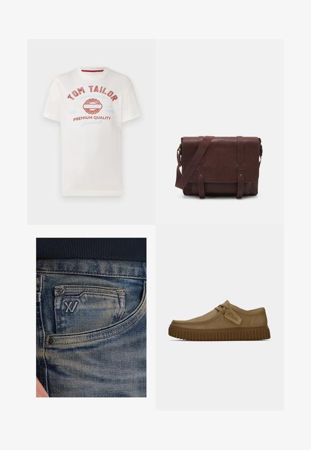 Vit bomull t-shirt med röd och blå tryck som har "TOM TAILOR", en cirkulär logotyp och texten "PREMIUM QUALITY" i olika typsnitt.; Blå denimjeans med en blekt textur, utrustade med en myntficka och en svart logotypdetalj på framsidan. Midjebandet är av mörk marinblå ribbad tyg.; Ljust bruna mockaskor med rund tå, sydda detaljer och en ribbad brun gummisula. Har en sidetikett med "Clarks"-logotyp.; Brun läder budväska med en platt framklaff, två remmar, gyllene detaljer och en justerbar axelrem.