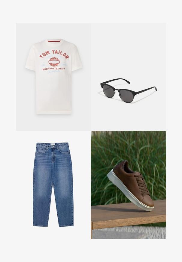 Bílý bavlněný tričko s červeným a modrým potiskem, na kterém je logo "TOM TAILOR" a text "PREMIUM QUALITY" v různých písmenech.; Modré džíny z denimu s vysokým pasem, rovnými nohavicemi a vybledlým dokončením. Disponují pěti kapsami a zapínáním na knoflík.; Hnědé kožené tenisky s bílou gumovou podrážkou, kulatou špičkou a hnědými tkaničkami. Imitovaný grip na podrážce a hladký povrch na svršku.; Černé sluneční brýle s kulatými skly, matným povrchem a charakteristickým tvarovým kočičím okem. Úzké nožičky s nenápadným logem na levém rámu.
