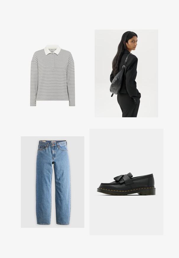 My Essential Wardrobe KLARA - Polo majica - peal blue striped; Svijetloplave traperice s ravnim nogavicama, pet džepova, zatvaranjem na patentni zatvarač i suptilnom izblijedjelom teksturom. Klasičan stil s minimalnim hardverom.; Crne kožne mokasinke s zaobljenim vrhom, koje imaju resasti detalj i ukrasnu traku preko prednje strane, postavljene na debelu petu.; Žena s dugom tamnom kosom koja nosi crno odijelo, drži crnu kožnu torbu preko ramena i gleda unazad na bijeloj pozadini.