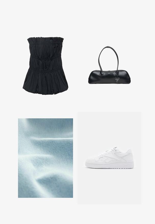 Zwarte strapless top met geplooide textuur, voorzien van horizontale naden en een uitlopende, geplooide rand aan de onderkant. Soepele stof.; Lichtblauwe stof met een gladde textuur en fijne diagonale weving, met zachte plooien en subtiele variaties in tint.; Witte sneaker met leren bovenwerk en geperforeerde details. Platte veters, gevoerde kraag en rubberen zool met ribbels. Minimalistisch ontwerp.; Zwarte leren handtas met twee handvatten, ovale vorm, zachte textuur, subtiele branding en een hartvormig label eraan bevestigd.