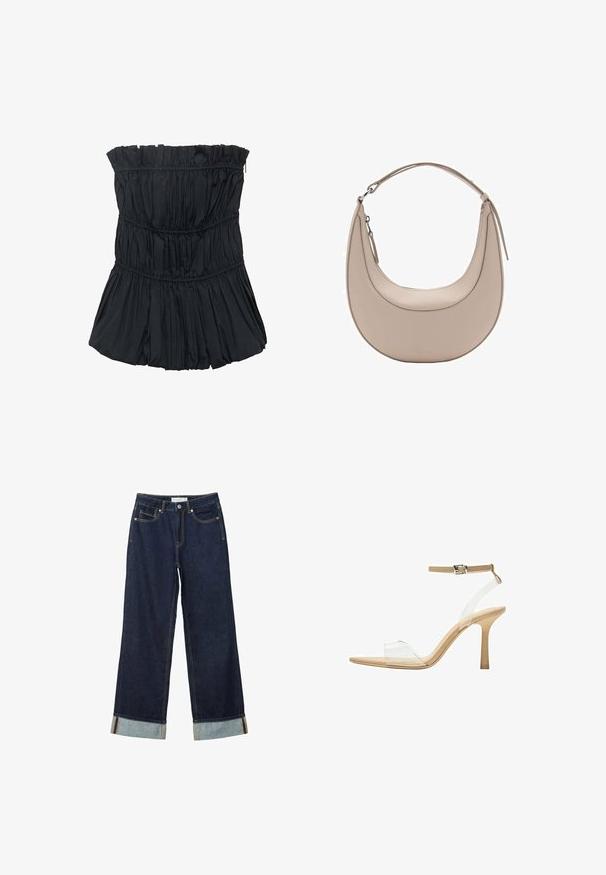 Mustat hihattomat puserot, joissa on kootut tekstuurit, vaakasuorilla saumoilla ja alaosan levenevällä, taitoksilla varustetulla muotoilulla. Tasainen kangasmateriaali.; Tummansinisiä leveälahkeisia farkkuja, joissa on korkea vyötärö, käännetyt lahkeet, kontrastiväriset ompeleet ja viisi taskua. Valmistettu denim-kankaasta.; Kirkas korkokenkä läpinäkyvällä varrella, beigellä pohjalla ja hoikalla nilkkahihnalla. Ominaisuuksiin kuuluu terävä kärki ja ohut korkea korko.; Vaaleanbeige nahkainen olkalaukku, jossa on kuu-ukko muoto, sileä pinta ja yksi kaareva kahva. Varusteena vetoketjukiinnitys ja siisti ompelu.