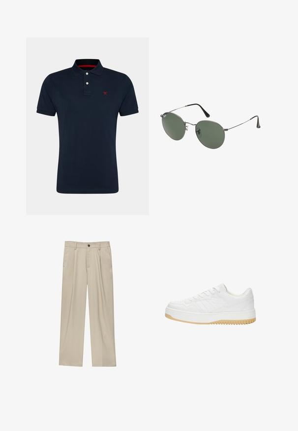 Granatowa koszulka polo z klasycznym kołnierzykiem, krótkimi rękawami, trzema guzikami oraz czerwonym haftowanym logo na piersi. Wykonana z miękkiej bawełny.; Beżowe spodnie o prostym kroju, z pojedynczym czarnym guzikiem, szlufkami na pasek oraz bocznymi kieszeniami. Gładka faktura materiału i minimalistyczny design.; Białe skórzane sneakersy o fakturowanym wykończeniu, z gumową podeszwą, sznurowanym zapięciem i subtelnymi akcentami w paski po bokach.; Okulary przeciwsłoneczne z metalową ramą i owalnymi zielonymi soczewkami. Cienka srebrna metalowa rama i czarne końcówki zauszników. Minimalistyczny design, bez widocznych logo.