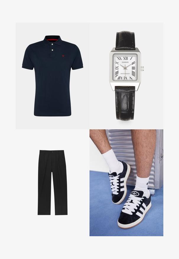 Marine blå polo skjorte med klassisk krave, korte ærmer, tre knappe lukning og et rødt broderet logo på brystet. Blødt bomuldsstof.; Sorte bukser med lige ben, lavet af et glat stof. Har frontfolder og en enkelt knaplukning i taljen.; Sorte ruskinds sneakers med hvide snørebånd og tre hvide striber. Har et rundt sort logo på tungen og en gummigummisål.; Sølv firkantet ur med hvid skive, sorte romerske cifre og teksten "VANDTÆT". Sort læderrem med struktureret overflade.