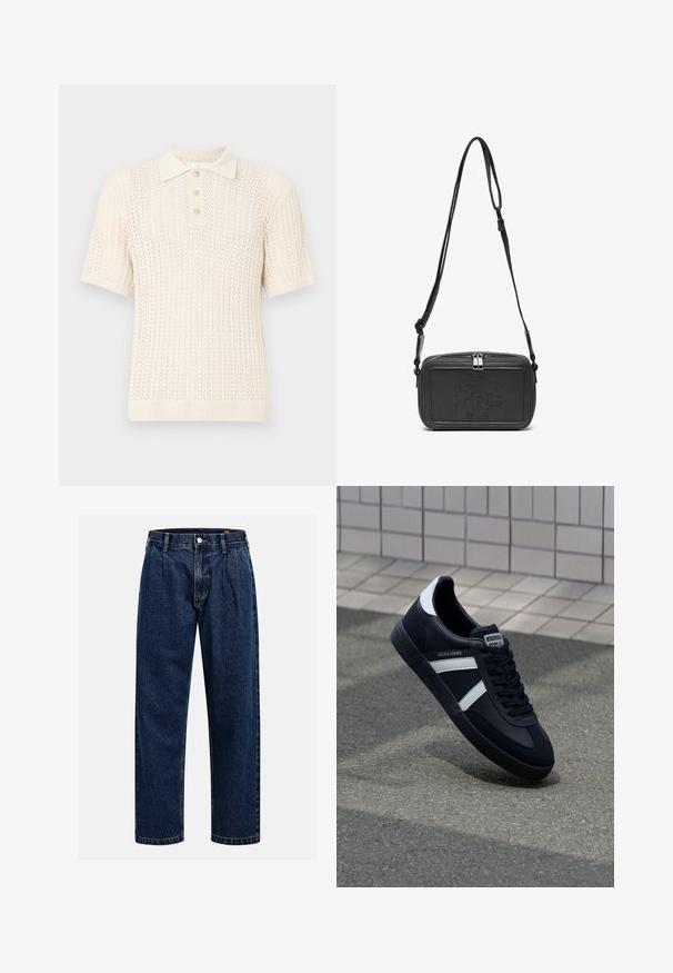 Polo majica s kratkimi rokavi v svetlo kremni barvi, z teksturiranim pletenim vzorcem, rebrastim ovratnikom in zapenjanjem z gumbi s four gumbi.; Temno modri kavbojki iz denima s pravim krojem. Imajo vidno šivanje, zapenjanje na gumb in sprednje plitke za dodaten detajl.; Črne usnjene superge z belimi črtami, teksturiran gumijast podplat in zavezovanje spredaj. Imajo označeno oznako na ježku.; Črna usnjena torbica čez ramo z zadrgo, embosirano logotipom spredaj in nastavljivim pasom. Gladka površina z pravokotno obliko.