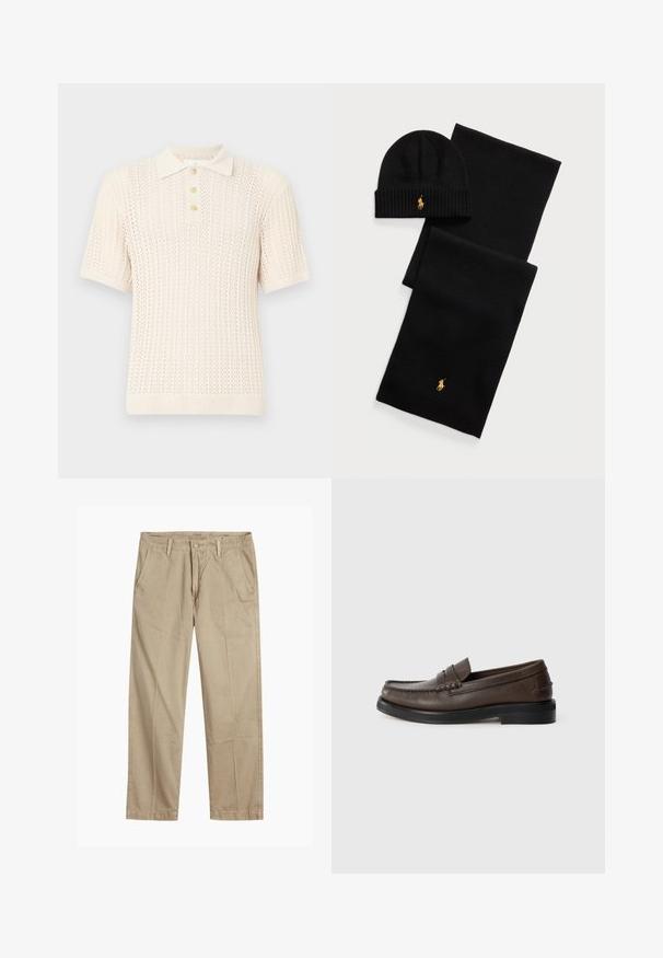 Šviesiai grietinėlės spalvos trumpomis rankovėmis polo marškiniai su tekstūruota mezgimo raštu, raukšlėtu apykakle ir keturių mygtukų sagčių juostele.; Bežiniai tiesaus kirpimo chinos kelnės su diržo kilputėmis, priekyje esančia mygtuko ir užtrauktuko uždarymo sistema, bei šoninėmis kišenėmis.; Rudos odiniai loaferiai su apvalia nosimi, detaliu siuvimu ir plokščiu juodu padu. Savyje turi mažą dekoratyvinę juostą ant pėdos viršaus.; Juodas megztas kepurė ir šalikas. Ypatumai: galiukuotas tekstūruotas dizainas su auksiniais logotipų akcentais. Minkšta medžiaga su elegantišku dizainu, tinkamas šaltam orui.
