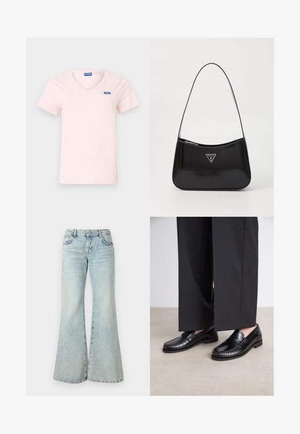 Light pink cotton T-shirt with a V-neck, short sleeves, and a blue logo patch on the left chest. Simple, solid design.; Light blue flared jeans made from denim, featuring a high waist, pockets, and frayed hems. The fabric displays a faded wash and subtle texture.; Black leather loafers with a smooth finish, stitched detailing around the toe, and a low rubber sole. Paired with wide black trousers.; Black patent leather shoulder bag with a curved shape, featuring a silver triangle logo and a zipper closure. Smooth texture and slim strap.