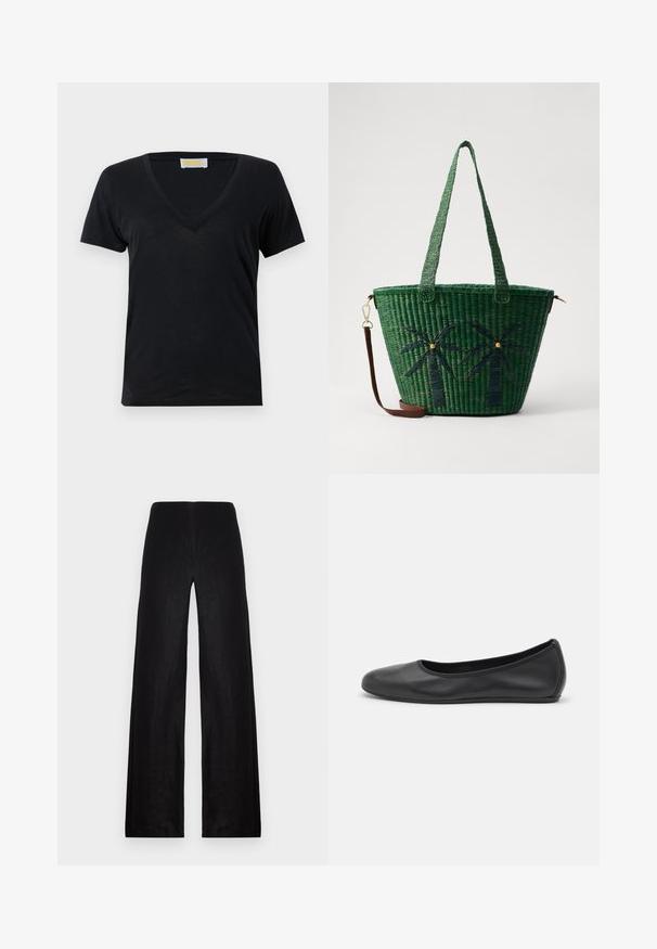Zwarte v-hals t-shirt gemaakt van zachte, lichte stof. Korte mouwen en een eenvoudig ontwerp zonder patronen of accenten.; Zwarte wijde broek van lichtgewicht stof. Heeft een hoge taille, een zachte textuur en strakke lijnen zonder zakken of versieringen.; Zwarte leren ballerina met een ronde neus, gladde textuur, minimale stikdetails en een flexibele zoolontwerp.; Groene geweven tas met palmboomontwerpen in een donkerder groen; heeft twee handvatten en een afneembare bruine leren schouderband.