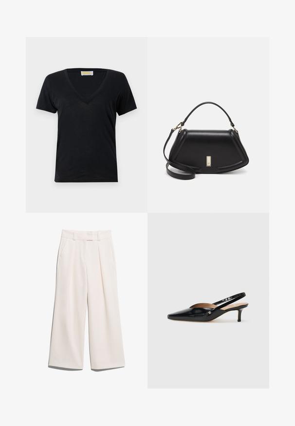 Musta v-kaula-aukkoinen t-paita, joka on valmistettu pehmeästä ja kevyestä kankaasta. Lyhyet hihat ja yksinkertainen muotoilu ilman kuvioita tai koristeita.; Löysät housut vaaleassa kermanvärissä, valmistettu sileästä kankaasta, jossa on kaksi etutaskua ja näkyvät ompeleet vyötäröllä.; Musta patenttikiiltoinen slingback-korkokenkä, jossa on teräväkärkinen muoto, pieni korko ja leikkauksella varustettu suunnittelu vampaassa. Kultasävyinen metallivanhus sivulla.; Mustalla nahkalaukulla, jossa on jämäkkä muotoilu, lyhyt malli, yläkahva ja kultaiset yksityiskohdat. Säädettävä olkahihna sisältyy.
