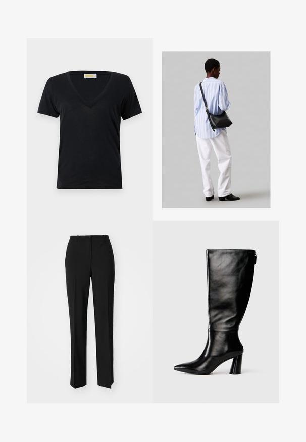 Černé tílko s výstřihem do V vyrobené z měkké, lehké tkaniny. Krátké rukávy a jednoduchý design bez vzorů nebo akcentů.; Černé kalhoty na míru se střihem do rovna, které mají hladkou texturu a ostré sklady na přední straně. Bez viditelného kování.; Černá kožená vysoká boot do půli lýtek s špičatou špičkou, hladkou texturou a masivním podpatkem. Obsahuje zip na zadní straně.; Černá kožená kabelka přes rameno s jemnou texturou, trojúhelníkovým tvarem a nastavitelným popruhem, v kombinaci se světle modrou pruhovanou košilí a bílými kalhotami.