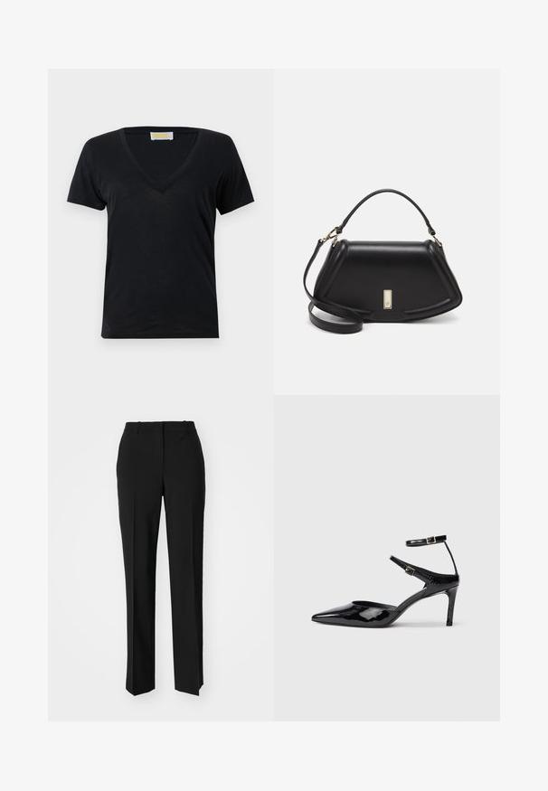 Μαύρο μπλουζάκι v-neck φτιαγμένο από μαλακό, ελαφρύ ύφασμα. Κοντά μανίκια και απλός σχεδιασμός χωρίς μοτίβα ή αξεσουάρ.; Μαύρο παντελόνι με ραφή που έχει σχεδιασμό ίσιας γραμμής, διαθέτει λεία υφή και καθαρές πτυχώσεις κατά μήκος της μπροστινής πλευράς. Χωρίς ορατό μεταλλικό υλικό.; Μαύρα παπούτσια με λουστρίνι δέρμα, με μυτερή μύτη, ρυθμιζόμενα λουράκια στον αστράγαλο και λεπτό τακούνι. Λεπτή υφή με γυαλιστερό φινίρισμα.; Μαύρη δερμάτινη τσάντα με δομημένο σχέδιο, που διαθέτει κομμένο σχήμα, επάνω λαβή και χρυσά μεταλλικά στοιχεία. Περιλαμβάνει ρυθμιζόμενο λουρί ώμου.